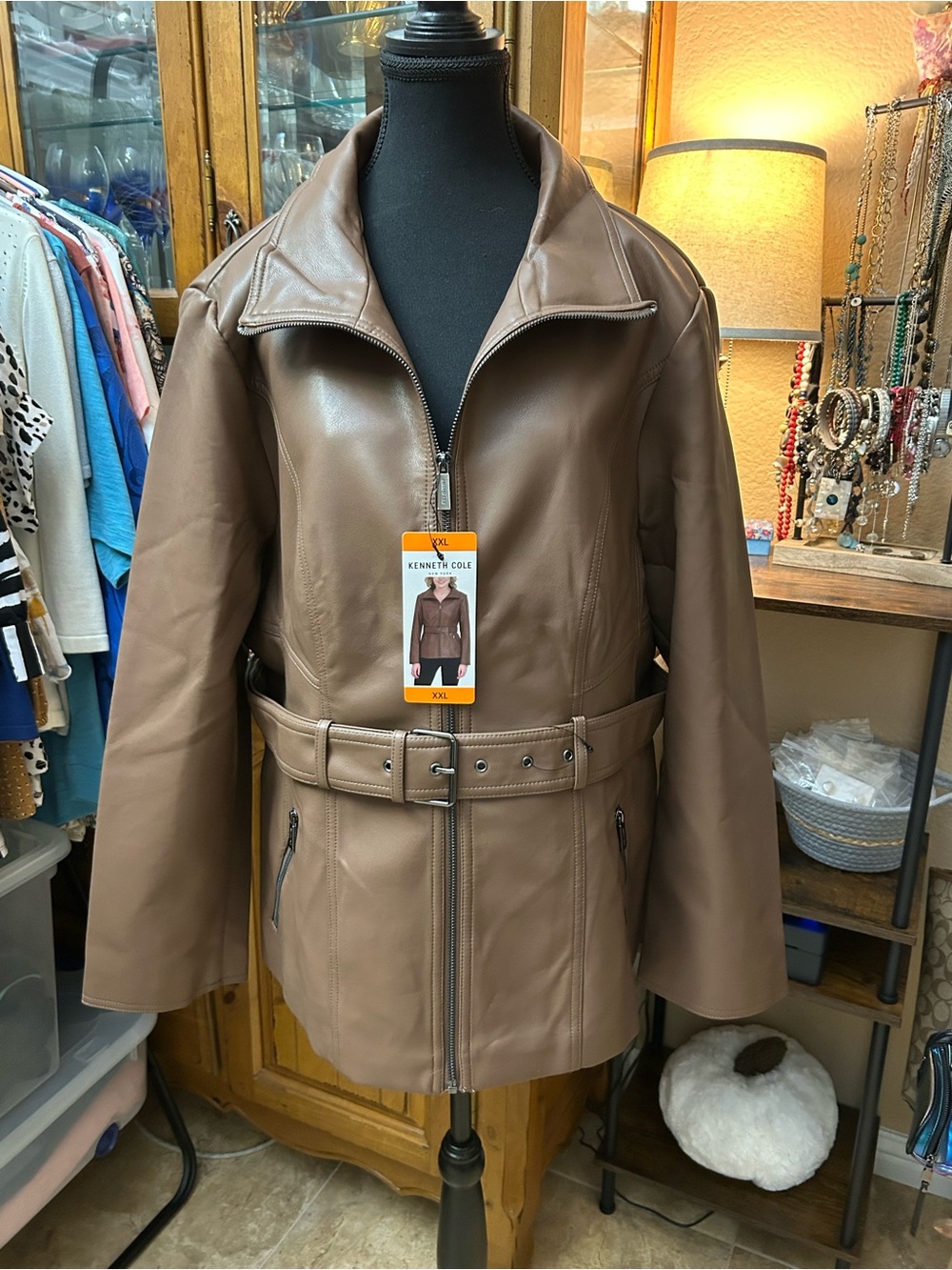 Kenneth Cole Womens Brown Leather Belted Bomber Jacket